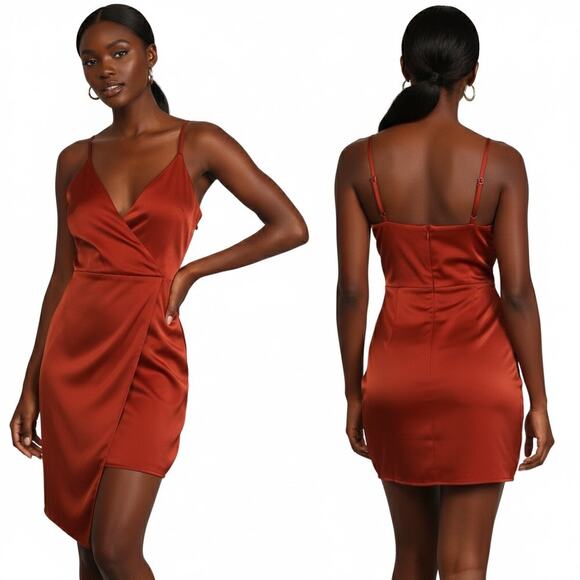 Lulus Satin Wrap Mini Dress Womens XL Rust Asymmetrical Glam Formal Cocktail - Picture 1 of 7